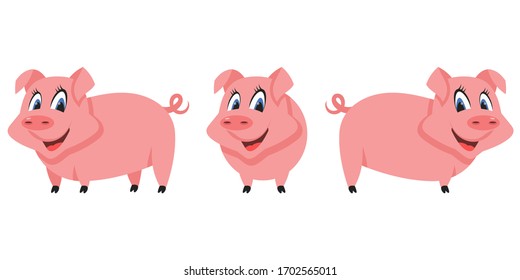 Pig in different poses. Farm animal in cartoon style.