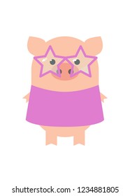 Pig Disco. Funny pig girl in a dress for disco. A pig with glasses and a dress. Cartoon, vector