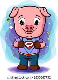 A pig do open shirt to show logotype in hero style of illustration