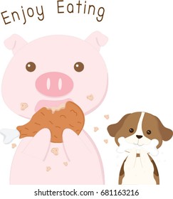 Pig and Dog Enjoy Eating, vector cartoon illustration.