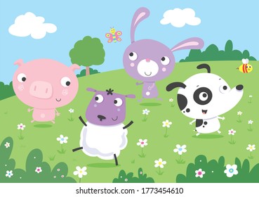 Pig, dog, rabbit and sheep having fun in a meadow.