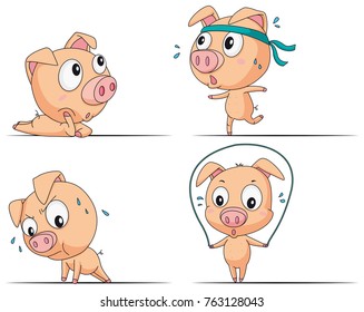 Pig doing different exercises illustration