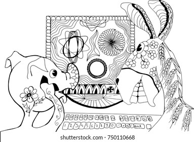 Pig and donkey for a computer. Hand drawn patterns for coloring. Freehand sketch drawing for adult antistress coloring book in zentangle style.
