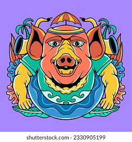 Pig Doodle style vector t shirt design artwork, Hand Drawn summer tropical paradise beach colorful flat illustration