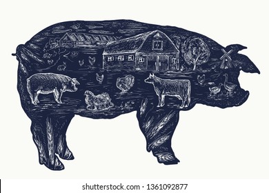 Pig, double exposure tattoo, Farm animals art hand drawn graphic 