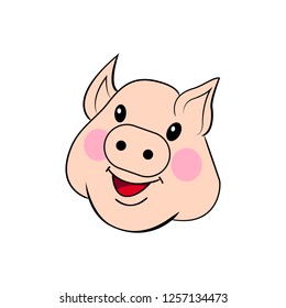 Pig drawn by hand. Sweet face pig. Full-color outline drawing vector isolated on white background.