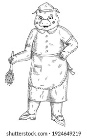 Pig is dressed in a maid costume and wipes the dust. Vintage vector monochrome hatching illustration isolated on white background. Hand drawn design for t-shirt
