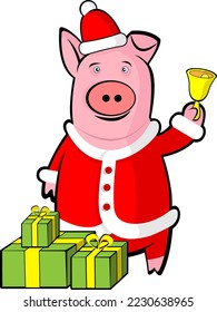 A pig dressed as Santa with Christmas gifts holding a golden bell.