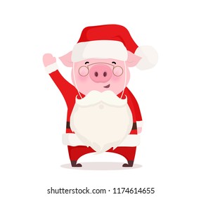 Pig dressed in Santa Claus costume. Christmas illustration. Flat vector design.