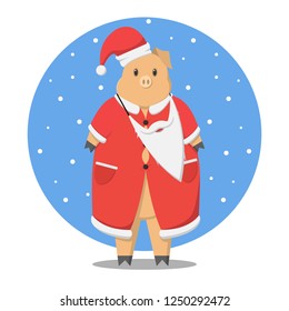 The pig is dressed in Santa Claus. New Year holidays.