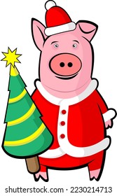 A pig dressed as Santa with a red cap holding christmas tree.