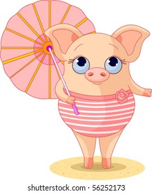 Pig dressed a swimming suite under umbrella