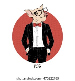 pig dressed up in tuxedo, Chinese horoscope, anthropomorphic illustration