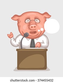 Pig dressed in white shirt with tie is making a speech using microphone at  tribune. Caricature of politician and official