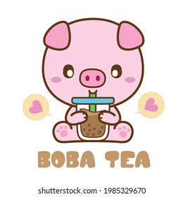 Té de burbuja de bebida de cerdo, dibujos animados de personajes, amor a té Boba, bebidas deliciosas, ilustración vectorial