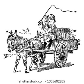 Pig Drin Car Pull By Donkey, esta escena muestra a un cerdo conduciendo un carro tirado por un burro, dibujo de línea vintage o ilustración de grabado