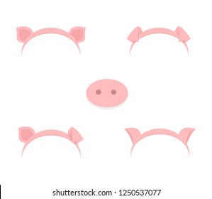 Pig ears mask set cartoon vector illustration isolated on a white background .Piggy ears and snout muzzle spring hat collection