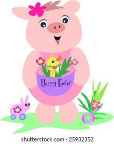 Pig with Easter Basket, Duck, and Rabbit Vector