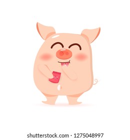 Pig is eating snack, cute cartoon characters, Chinese New Year, year of the pig on white background vector illustration