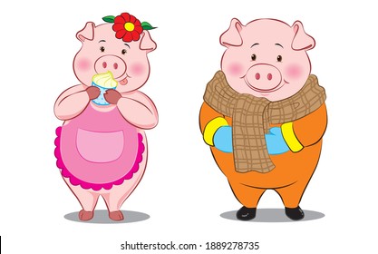 Pig eats cupcakes And a pig wearing a sweater in a good mood