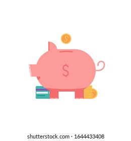 Pig element. Money in piggy bank with coins and credit card. Concept of banking, saving money, deposit, cash back. Vector illustration in flat design for UI, web banner, mobile app