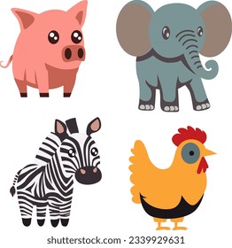 Pig, Elephant, Zebra, Hen, Cute Animal Bundle Vector illustration Collection