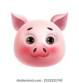 Personagem de clipart 3d de emoji de porco. Personagem de porco Emoji em bochechas rosadas, sorriso bonito, olhos adoráveis, rosto feliz e elementos gráficos rosa de expressão facial tímida. Emoticon de piglet de ilustração vetorial 