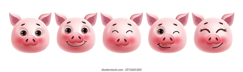 Pig emoji clipart characters set. Emojis 3d piglet collection in cute smile, happy, fun and  enjoy with pink rosy cheeks graphic elements. Vector illustration pig emoticon clip art.   
