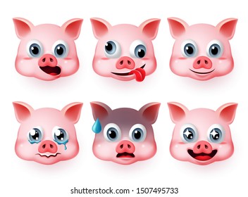Pig emoticon fat face vector set. Emoji pigs head in cute faces like happy and scared facial expressions isolated in white background. Vector illustration 3d realistic.
