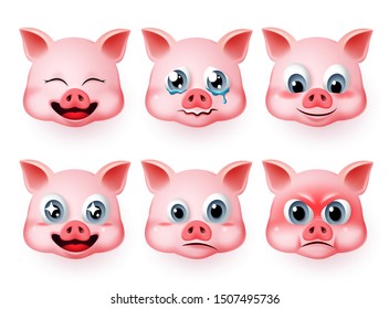 Pig emoticon vector set. Pigs cute emojis set with happy, angry and crying facial expressions and mood isolated in white background. Vector illustration 3d realistic.