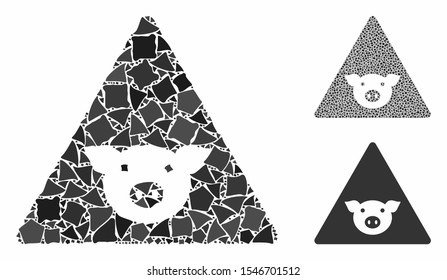Pig error mosaic of uneven parts in variable sizes and color tones, based on pig error icon. Vector ragged parts are composed into mosaic. Pig error icons collage with dotted pattern.