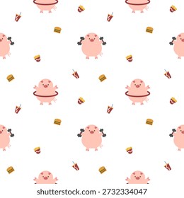 Haltere de exercício de porco e desenho animado de bambolê tão bonito. No hambúrguer batatas fritas bebidas de fundo. Padrão sem emenda ilustração vetorial. 