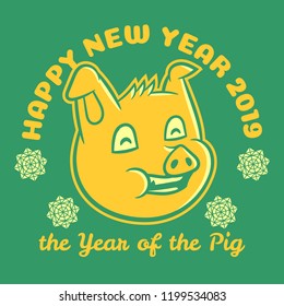 Pig face 2019. New Year Logo. China calendar symbol on green background isolated. Stock Vector Illustration. Cartoon style.