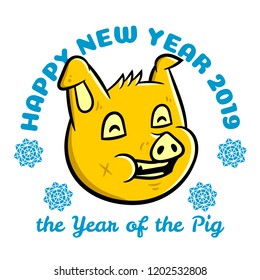 Pig face 2019. New Year Logo. China calendar symbol on white background isolated. Stock Vector Illustration. Cartoon style.