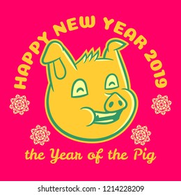 Pig face 2019. New Year Logo. China calendar symbol on pink background isolated. Stock Vector Illustration. Cartoon style.