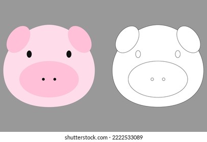 Pig face cartoon character. Cute outline pig animal face coloring book for kids. Vector illustration. Outline icon pig head. Cartoon face logo.