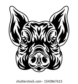 Pig face. Design idea for t-shirt print in vintage monochrome style. Design element for poster, card, banner. Vector illustration.