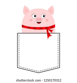 Pig face head in the pocket. Piggy piglet character. Red scarf. Cute cartoon animals. Dash line. White and black color. T-shirt design. Baby background. Isolated. Flat design. Vector illustration