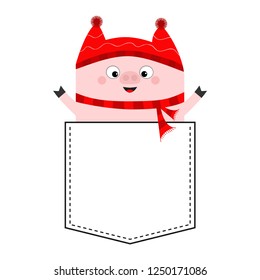 Pig face head in the pocket. Piggy piglet character. Red hat, scarf. Cute cartoon animals. Dash line. White and black color. T-shirt design. Baby background. Isolated. Flat design. Vector illustration