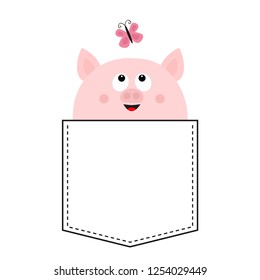 Pig face head in the pocket. Pink butterfly. Cute cartoon animals. Piggy piglet character. Dash line. White and black color. T-shirt design. Baby background. Isolated. Flat design. Vector illustration