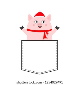 Pig face head in the pocket. Santa hat, scarf. Piggy piglet character. Cute cartoon animals. Dash line. White and black color. T-shirt design. Baby background. Isolated Flat design Vector illustration