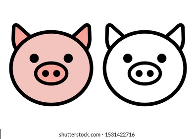 pig face icon and outline stroke icon color illustration vector