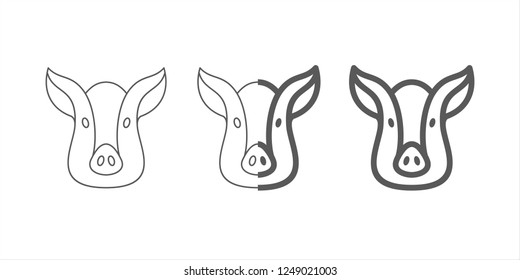 Pig face icon from thin and thick lines for web and mobile, simple element illustration in a modern style. Contour Design. Line art. Vector dark grey icon on light grey background.
