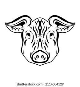 Cara de cerdo aislada en fondo blanco. Signo de zodiaco chino estilizado de cabeza de cerdo.