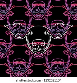 Pig Face. Linear line style. Endless line. Pattern. Pink and purple. Logo, sign, icon. Vector illustration. Chinese New Year Symbol of 2019