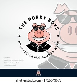 Pig Face Logo, Piggy Logo Cartoon Character. cartoon pig in round frame. Vector logo illustration, VECTOR LOGO TEMPLATE