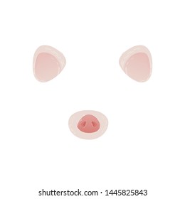 Pig face mask with ears and nose, animal face for selfie and photo, filters and chat. Flat cartoon icon and template with face of animal and pig. Isolated vector illustration.