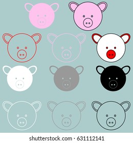 Pig face rosy red black grey white colour set.