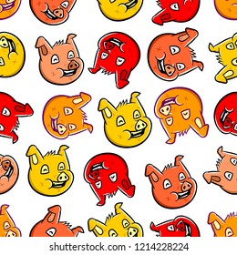 Pig face seamless pattern. New Year Logo 2019 seamless pattern.  Cartoon pig faces on white background isolated. Stock Vector Illustration.
