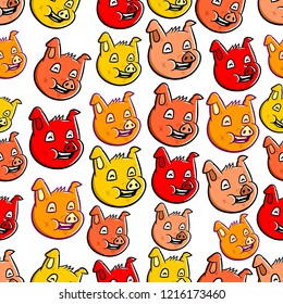 Pig face seamless pattern. New Year Logo 2019 seamless pattern. Cartoon pig faces on white background isolated. Stock Vector Illustration.